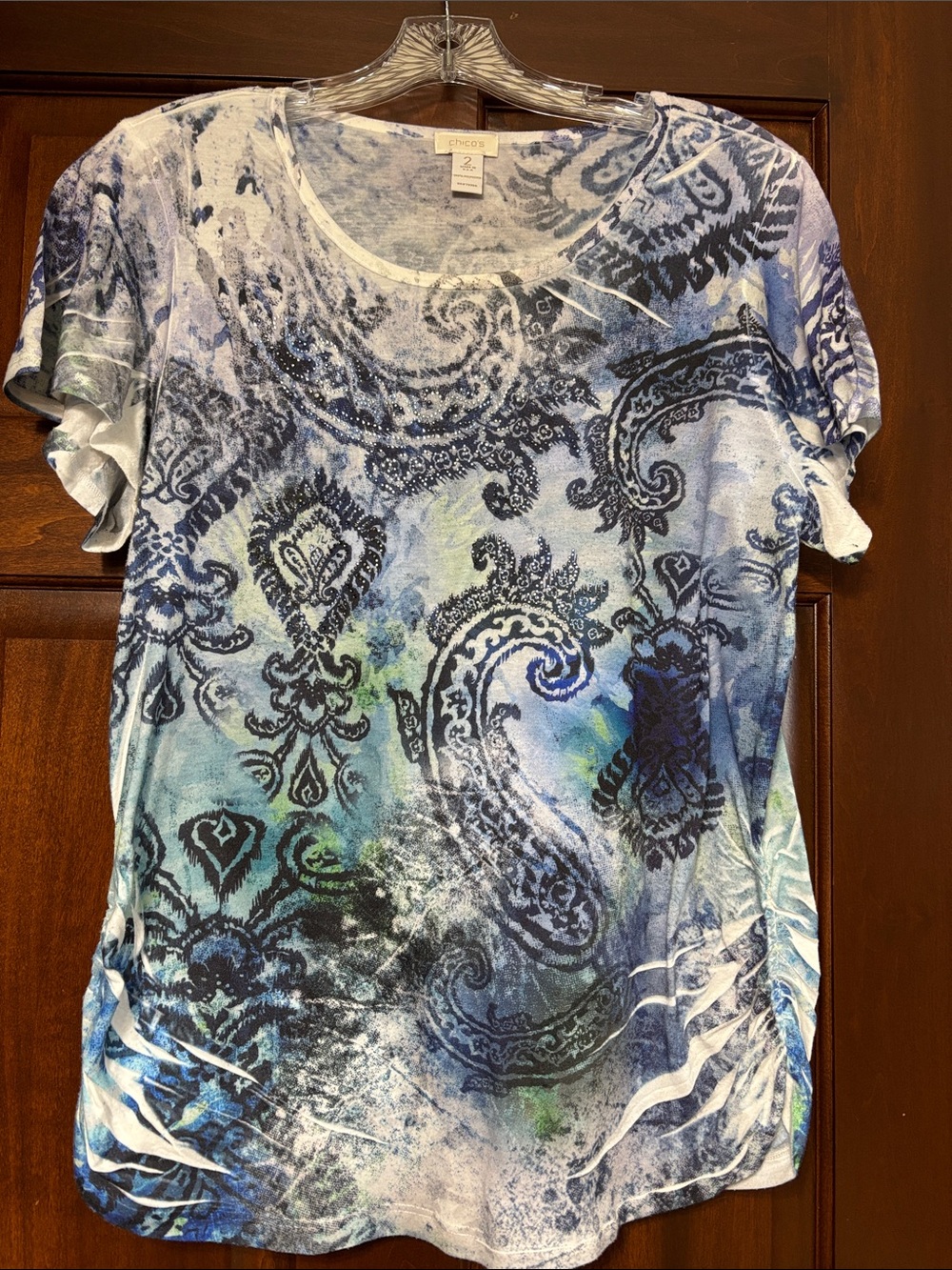 Chico's Blue & Green Crystal Accented Short-Sleeve Scoop Neck Top